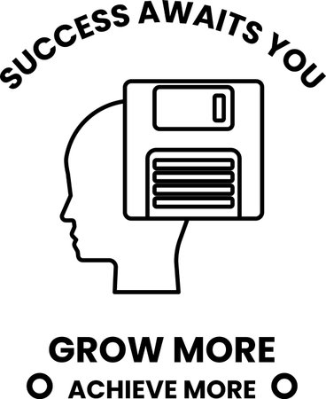 A head with a floppy floppy disk on top of it. The words "success awaits you" are written below the headのイラスト素材