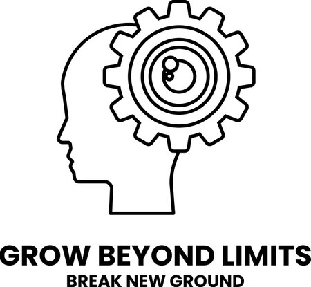A white logo with a head and a gear. The head is labeled "Grow Beyond Limits" and the gear is labeled "Break New Ground"のイラスト素材