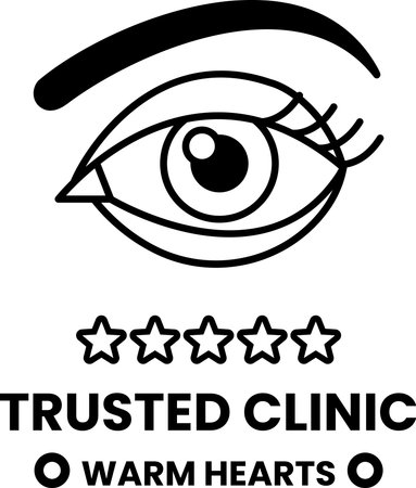 A black and white logo for a trusted clinic called Warm Hearts. The logo features a close up of an eye with a black outline. The eye is surrounded by four starsのイラスト素材