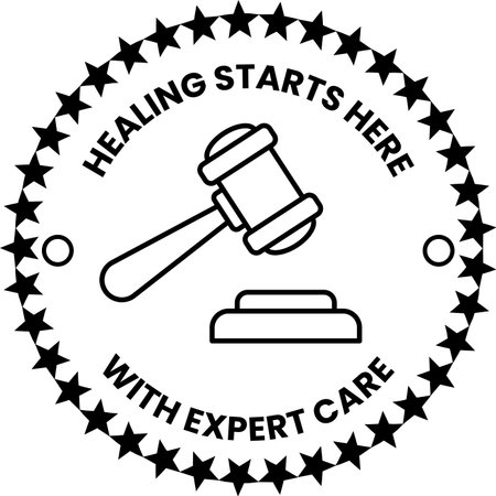 A gavel, which is a symbol of justice and authority. The words "healing starts here" are written around the gavel, emphasizing the idea that healing can begin in this space. The image is blackのイラスト素材