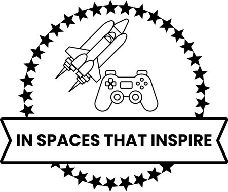 A black and white logo with a rocket and a video game controller. The logo is titled In Spaces That...