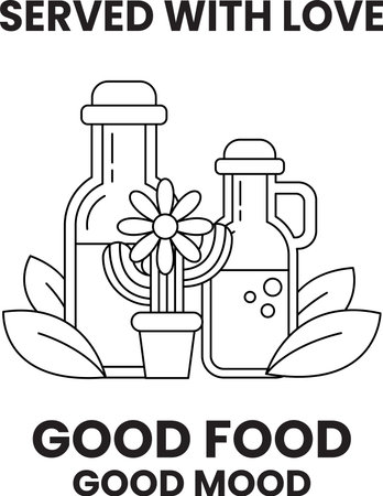 A black and white drawing of two bottles and a flower with the words "served with love" written belowのイラスト素材