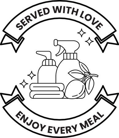 A black and white logo for a service that is served with love. The logo features a spray bottle and a bottle of soap, and the text "enjoy every meal" is written below the logoのイラスト素材