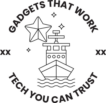 A star is on a boat that is on a circle. The circle has the words gadgets that work on it