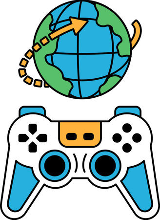 A black and white drawing of a video game controller with a globe in the background. The controller...