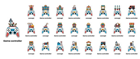 A collection of video game controllers with a variety of designs. The controllers are arranged in a grid and are labeled with their respective namesのイラスト素材