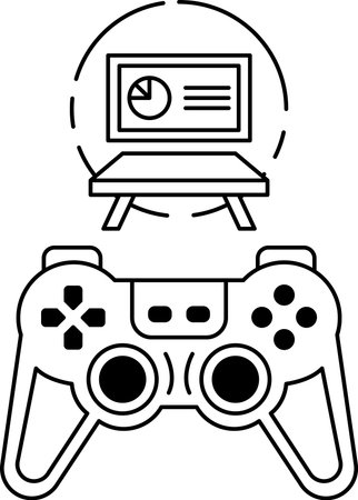 A black and white image of a video game controller with a monitor in the background. The controller...