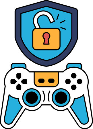 A black and white image of a video game controller with a lock on it. The controller is a...