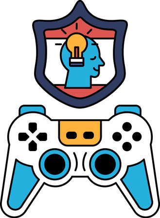 A black and white image of a video game controller with a shield and a man's head on it