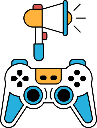 A black and white image of a video game controller with a megaphone in the background. The megaphone...