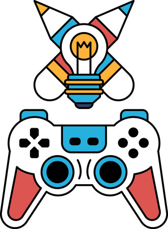 A black and white drawing of a video game controller with a light bulb on top of it. The controller...