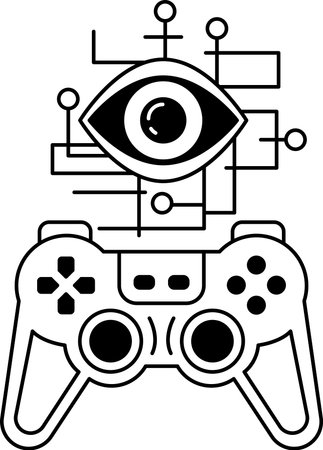 A black and white image of a video game controller with an eye on it. The eye is surrounded by a...