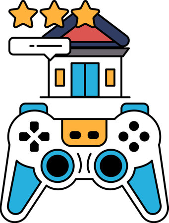 A black and white image of a video game controller with a building in the background. The controller...