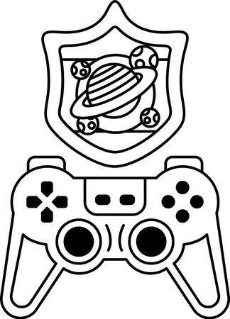 A black and white drawing of a video game controller with a shield and a planet on it