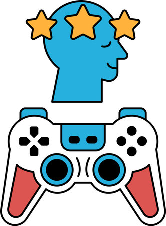 A black and white image of a video game controller with a head and stars above it