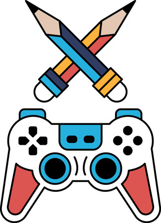 A black and white image of a video game controller with a pair of pencils on top of it. The pencils...