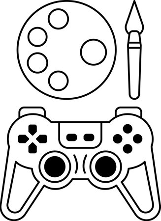 A video game controller and a paintbrush are on a white background. The controller is black and...
