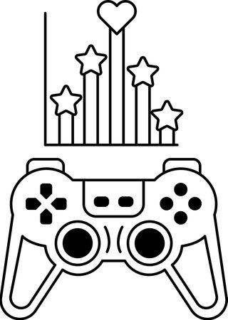 A black and white image of a video game controller with a heart and stars surrounding it. The...