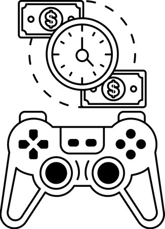 A black and white image of a video game controller with a clock and two dollar bills. The clock is showing the time as 11:00のイラスト素材