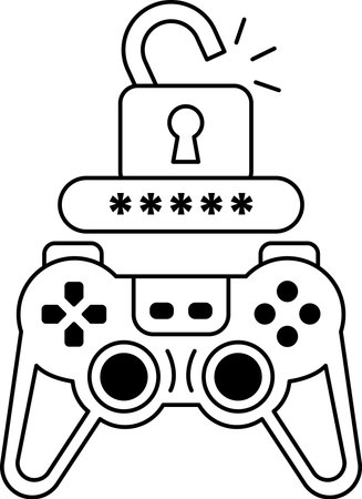 A black and white image of a video game controller with a lock on it. The lock is on the...