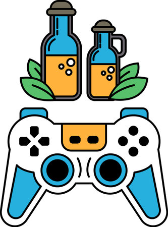 A black and white image of a video game controller with two bottles of liquid on top of itのイラスト素材