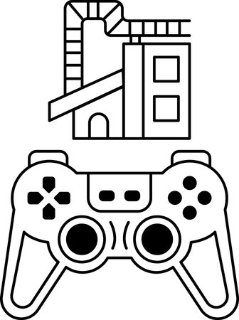 A black and white image of a video game controller with a building in the background. The controller...