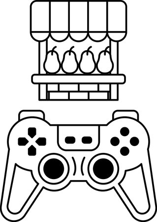 A black and white drawing of a video game controller with a pear and a fruit stand in the backgroundのイラスト素材