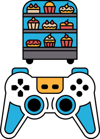 A black and white drawing of a video game controller and a display of cupcakes. The controller is on the left side of the image and the cupcakes are on the right. Scene is playful and funのイラスト素材