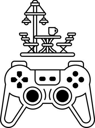 A black and white image of a video game controller with a house and a table in the backgroundのイラスト素材