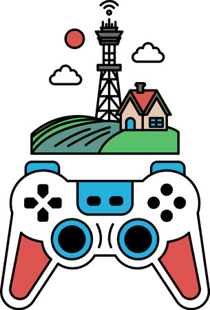 A black and white image of a video game controller with a house and a farm in the background