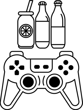 A black and white drawing of a video game controller with a drink and a bottle of soda next to itのイラスト素材