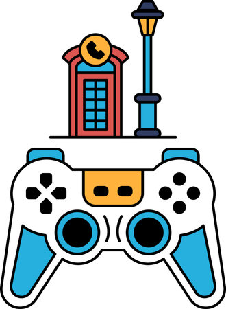 A black and white image of a video game controller with a telephone booth and a lamp post in the...