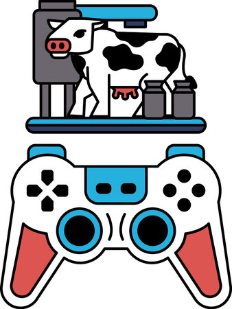 A cow is standing on a machine that is next to a video game controller. The cow is surrounded by...