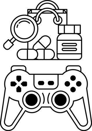 A black and white image of a video game controller with a magnifying glass and a bag of pills next to itのイラスト素材