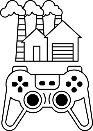 A black and white drawing of a video game controller with a factory and houses in the background....
