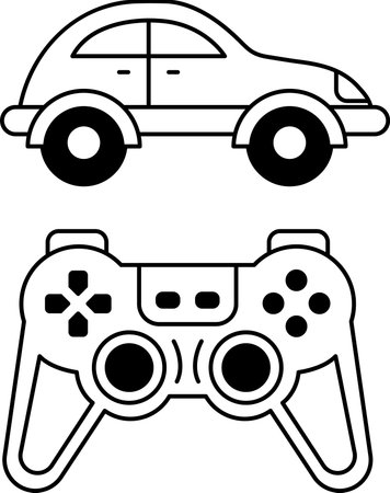 A car and a video game controller are shown side by side. Concept of playing video games and having...