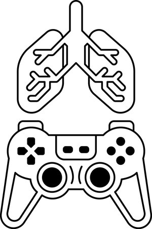 A black and white drawing of a video game controller with a pair of lungs on either side. The...