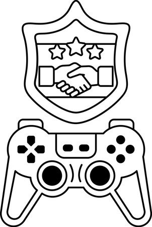 A white and black image of a video game controller and a shield with three stars on it