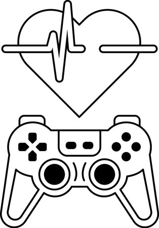 A black and white image of a video game controller with a heart on it. The heart is surrounded by a...