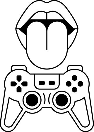 A black and white drawing of a mouth with a tongue sticking out and a video game controller in the...