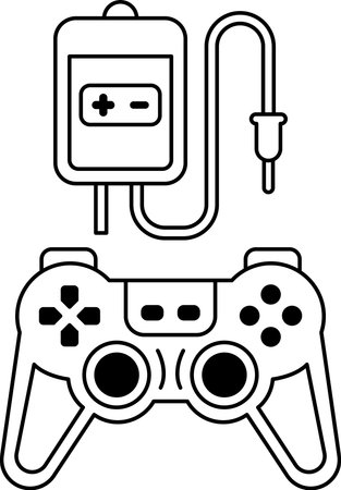 A black and white image of a video game controller with a battery pack and a cord attached to it