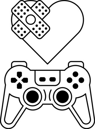 A black and white drawing of a video game controller with a heart and bandages on it. The heart is...