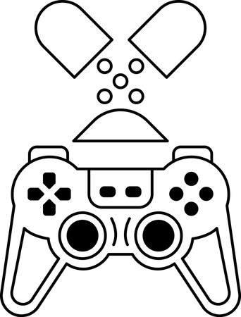 A black and white image of a video game controller with a pill in the middle of it. The pill is...