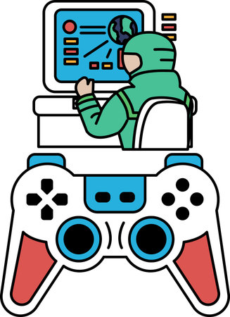A man is playing a video game on a computer. The man is wearing a space suitのイラスト素材
