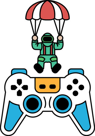 A black and white drawing of a man in a space suit holding an umbrella and a video game controller