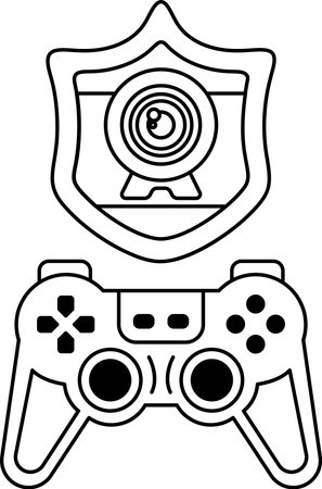 A black and white drawing of a video game controller and a shield. The controller is a Playstation...