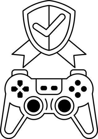 A black and white image of a video game controller with a shield and a check mark on it