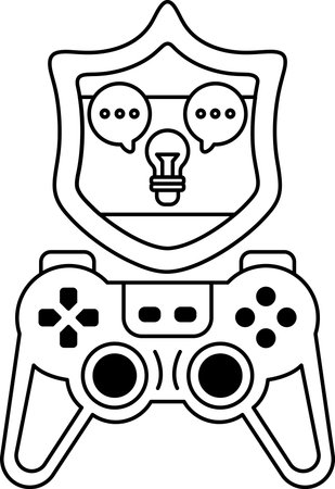 A black and white drawing of a video game controller with a shield and a light bulb on it