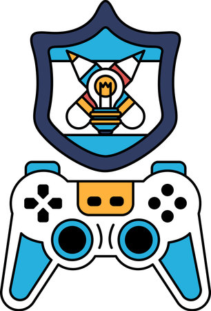 A black and white drawing of a video game controller and a shield with a light bulb on it