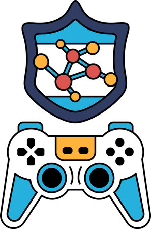 A black and white image of a video game controller and a shield. The controller is a Playstation...
